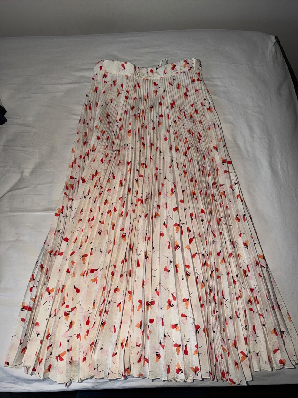 Prada Cream Pleated Midi Skirt with Red & Orange Floral Print
